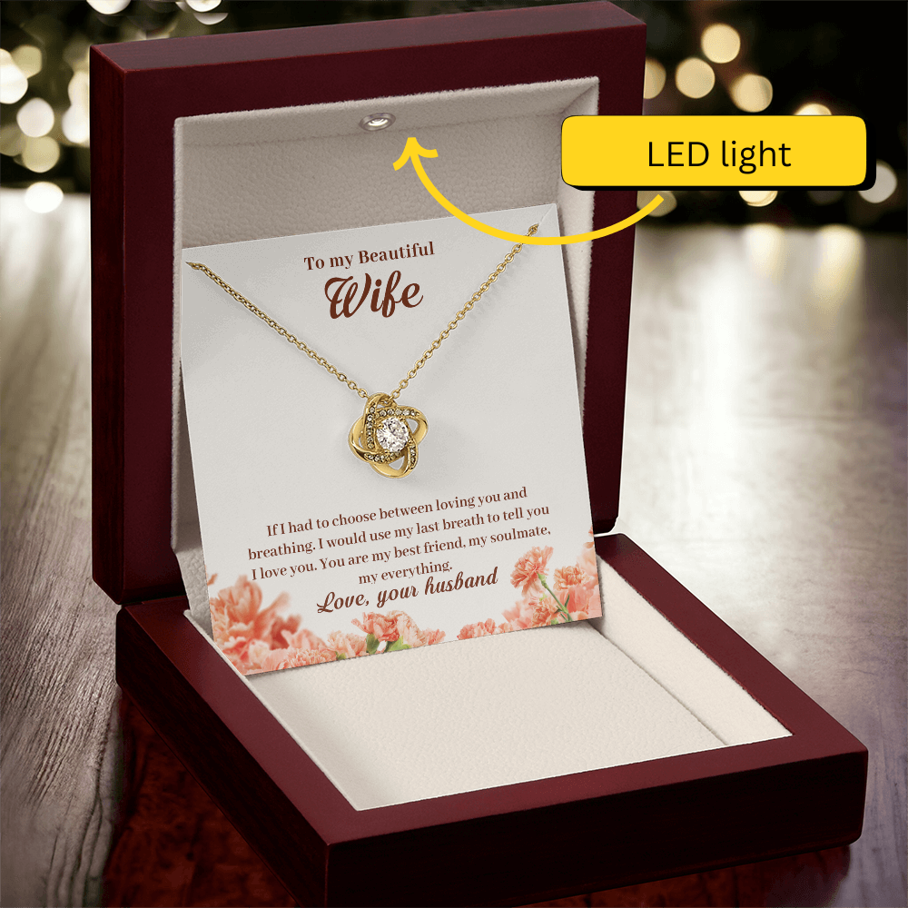To My Beautiful Wife Necklace – 18K Gold Love Knot Pendant with Sparkling Stone – Romantic Anniversary, Birthday, or Christmas Gift from Husband