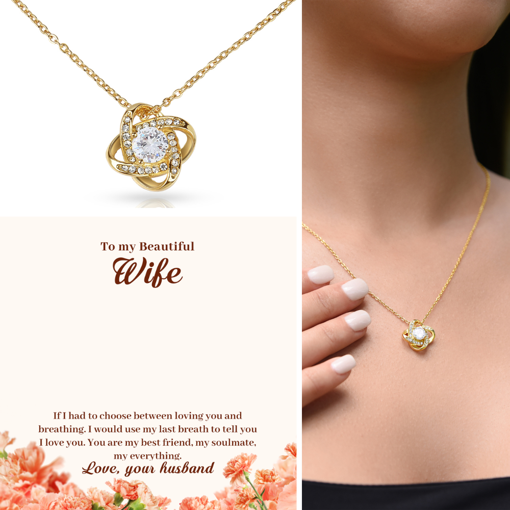 To My Beautiful Wife Necklace – 18K Gold Love Knot Pendant with Sparkling Stone – Romantic Anniversary, Birthday, or Christmas Gift from Husband