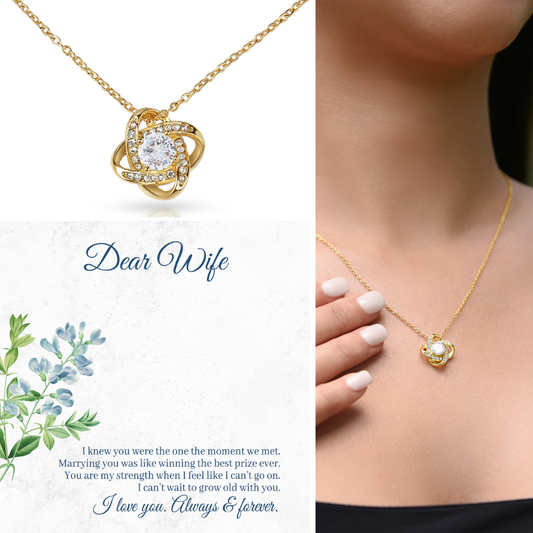 Dear Wife Necklace – 18K Gold Love Knot Pendant with Sparkling Stone – Romantic Anniversary, Birthday, or Christmas Gift from Husband
