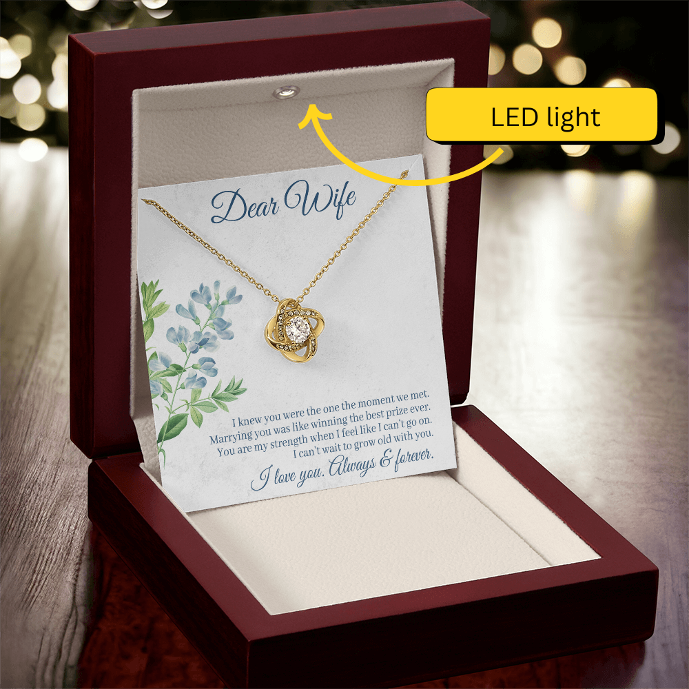 Dear Wife Necklace – 18K Gold Love Knot Pendant with Sparkling Stone – Romantic Anniversary, Birthday, or Christmas Gift from Husband
