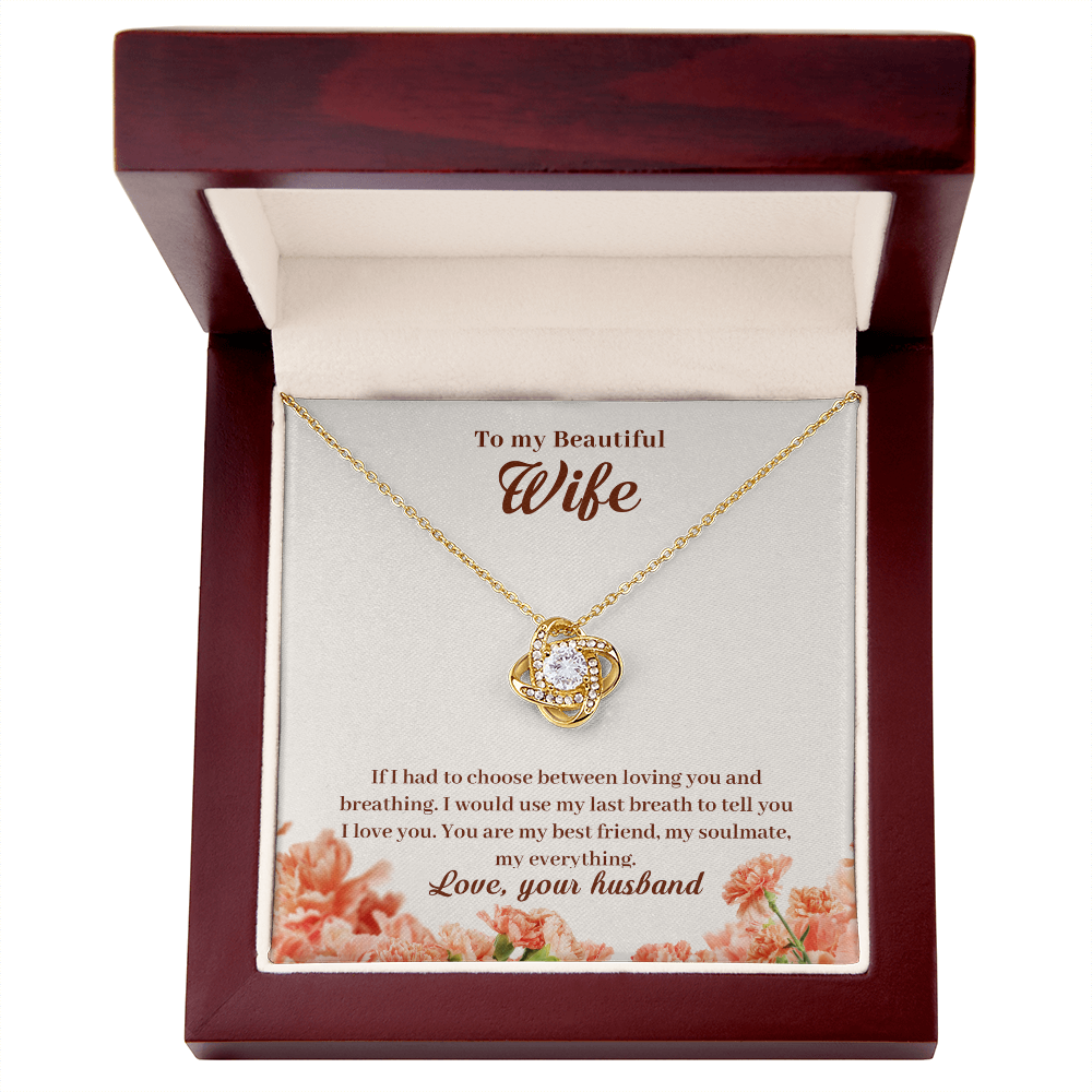 To My Beautiful Wife Necklace – 18K Gold Love Knot Pendant with Sparkling Stone – Romantic Anniversary, Birthday, or Christmas Gift from Husband