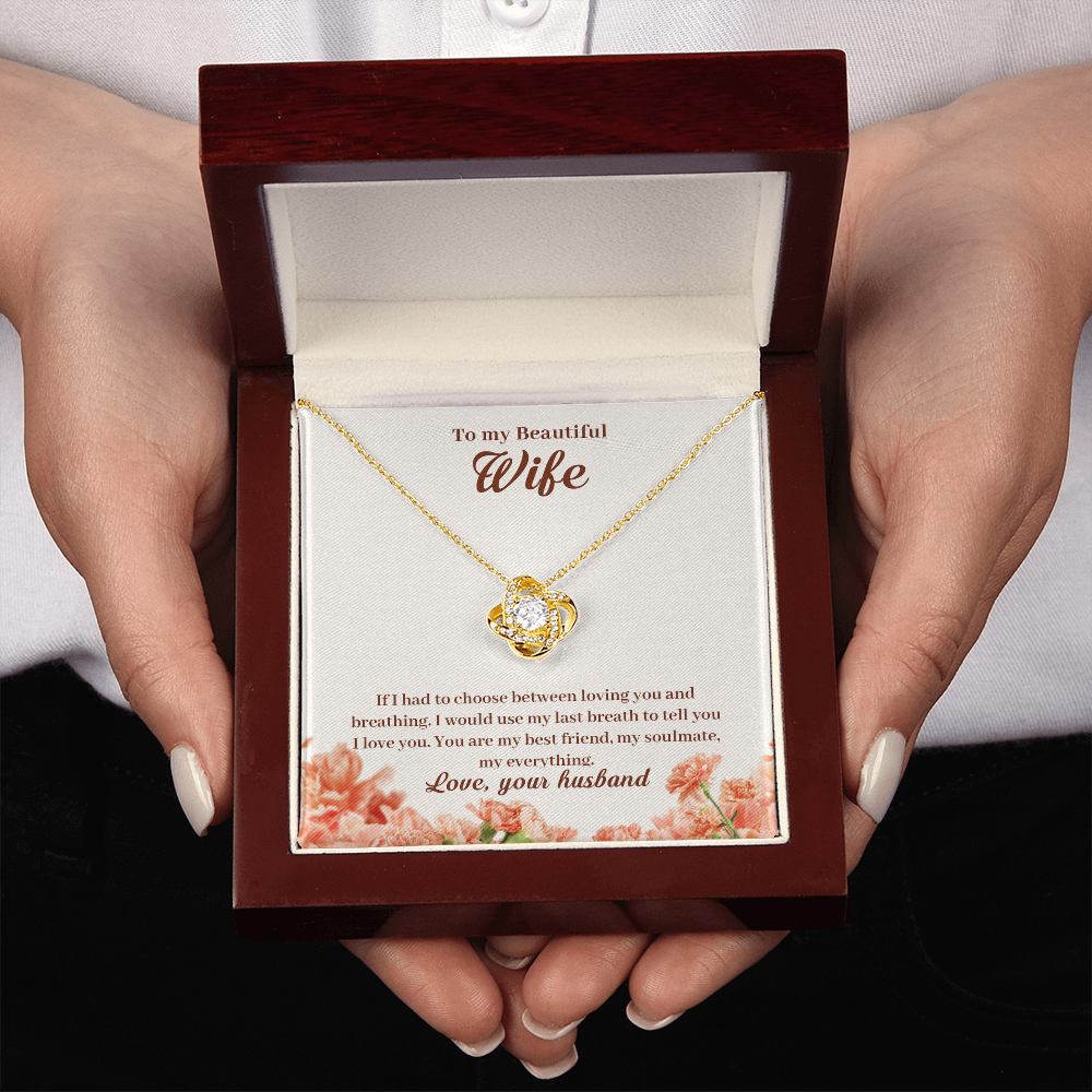 To My Beautiful Wife Necklace – 18K Gold Love Knot Pendant with Sparkling Stone – Romantic Anniversary, Birthday, or Christmas Gift from Husband