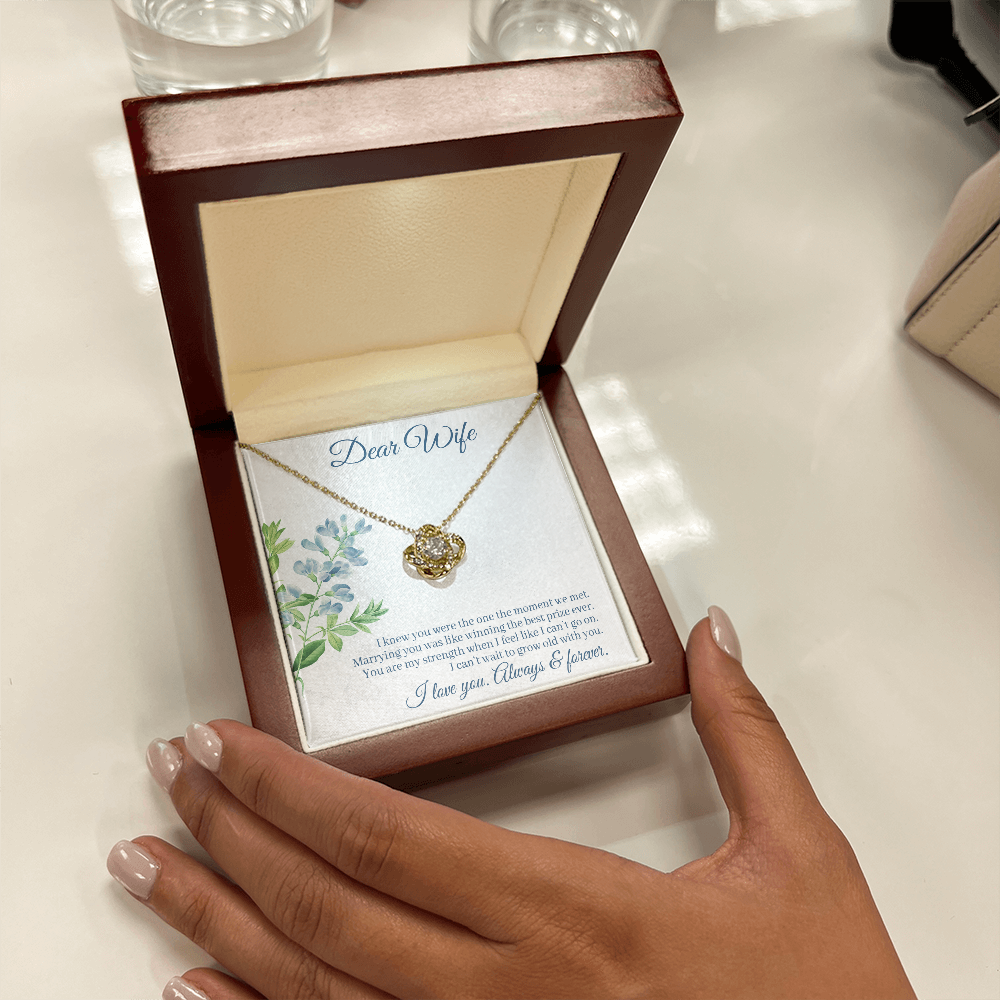 Dear Wife Necklace – 18K Gold Love Knot Pendant with Sparkling Stone – Romantic Anniversary, Birthday, or Christmas Gift from Husband