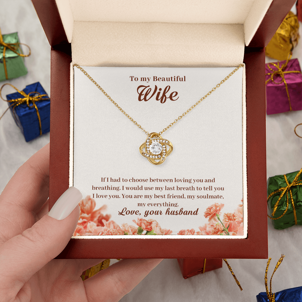 To My Beautiful Wife Necklace – 18K Gold Love Knot Pendant with Sparkling Stone – Romantic Anniversary, Birthday, or Christmas Gift from Husband