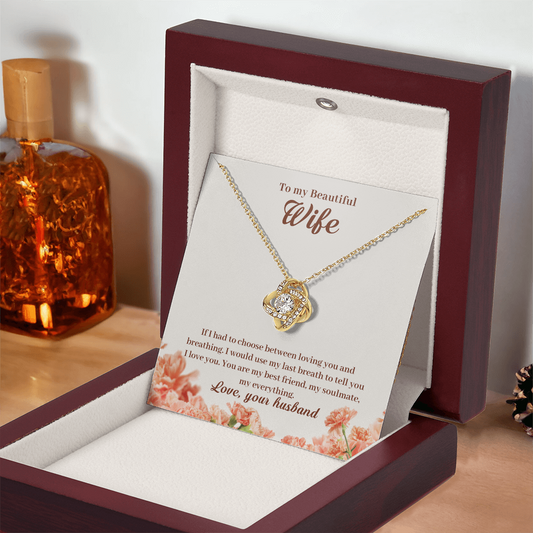 To My Beautiful Wife Necklace – 18K Gold Love Knot Pendant with Sparkling Stone – Romantic Anniversary, Birthday, or Christmas Gift from Husband