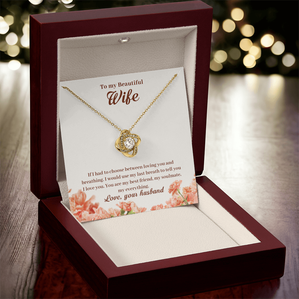 To My Beautiful Wife Necklace – 18K Gold Love Knot Pendant with Sparkling Stone – Romantic Anniversary, Birthday, or Christmas Gift from Husband