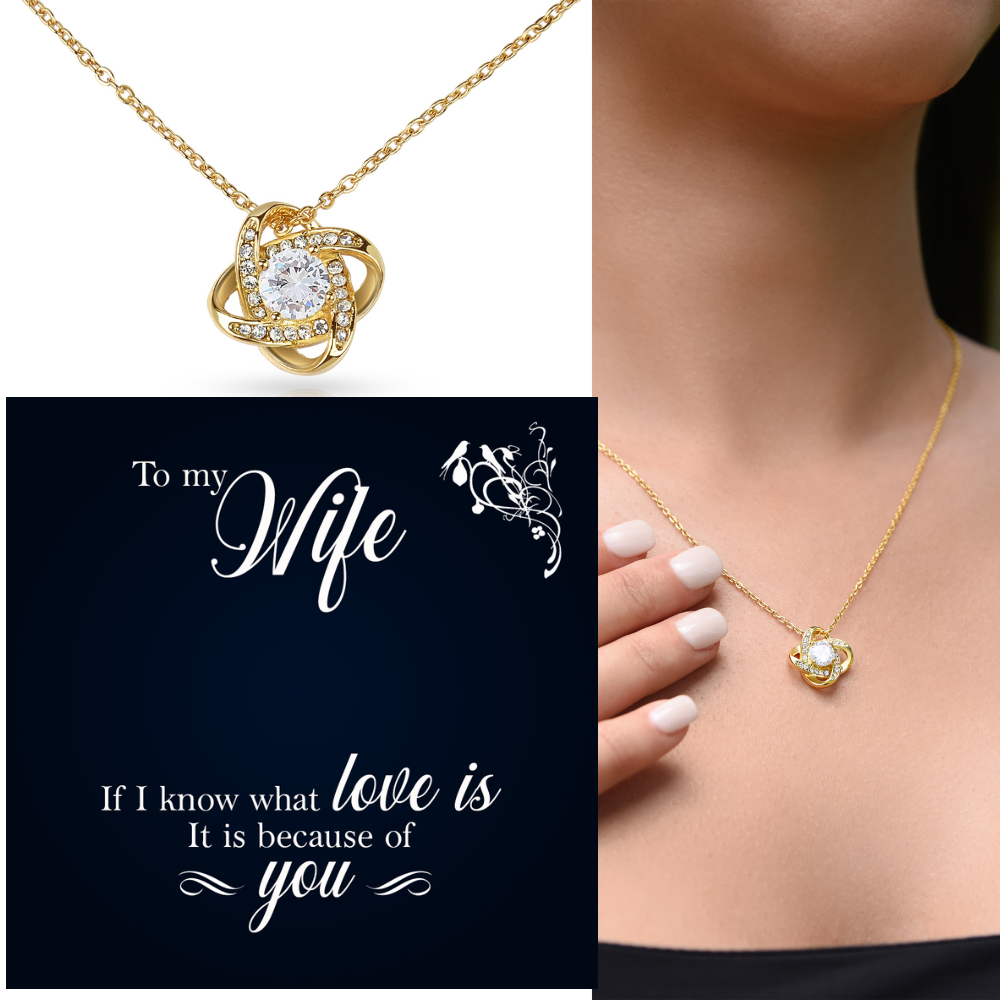 To My Wife Necklace – 18K Gold Love Knot Pendant with Sparkling Stone – Romantic Gift for Wife, Anniversary, Birthday, Christmas from Husband