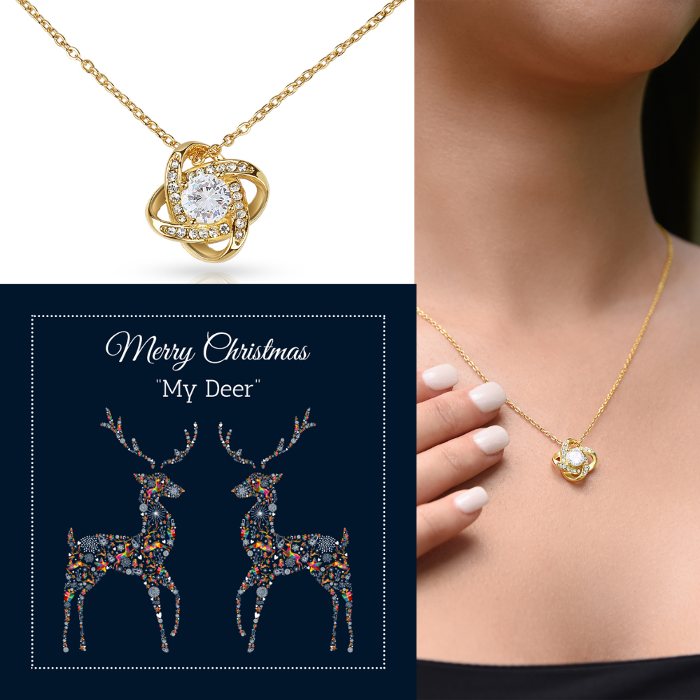 Merry Christmas Necklace for Wife – 18K Gold Love Knot Pendant with Sparkling Stone – Romantic Christmas Gift from Husband